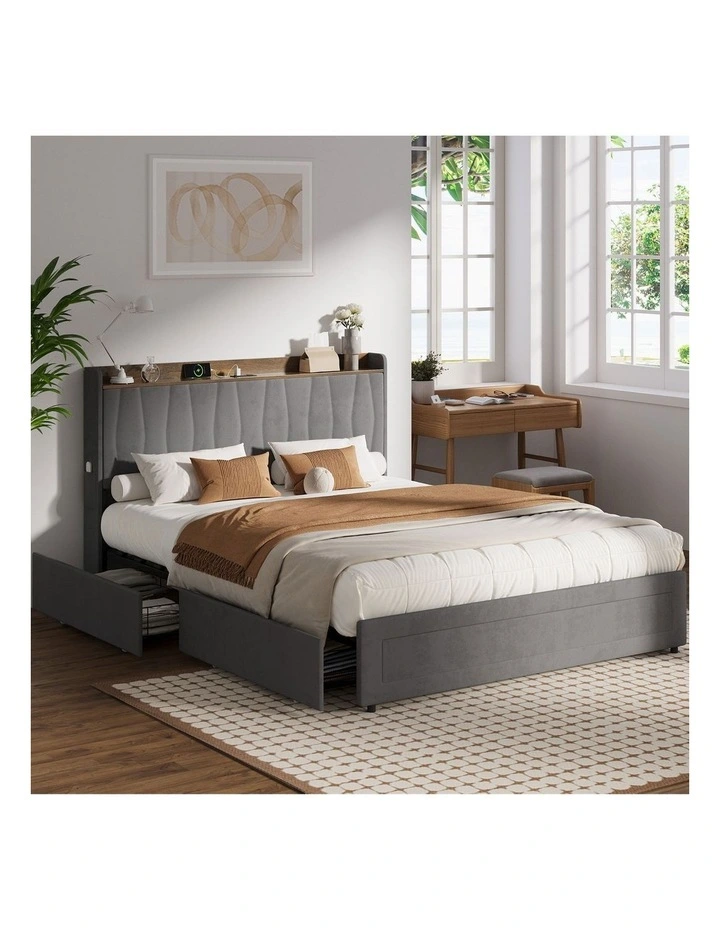 Oikiture Bed Frame Queen Size with 4 Drawers Charging Station USB Ports Grey image 4