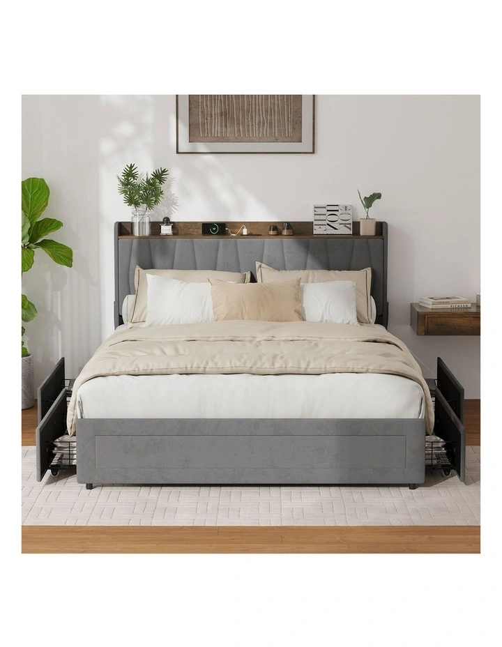 Oikiture Bed Frame Queen Size with 4 Drawers Charging Station USB Ports Grey image 5