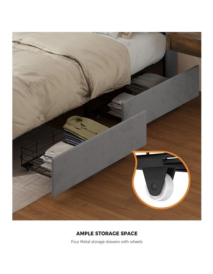 Oikiture Bed Frame Queen Size with 4 Drawers Charging Station USB Ports Grey image 7