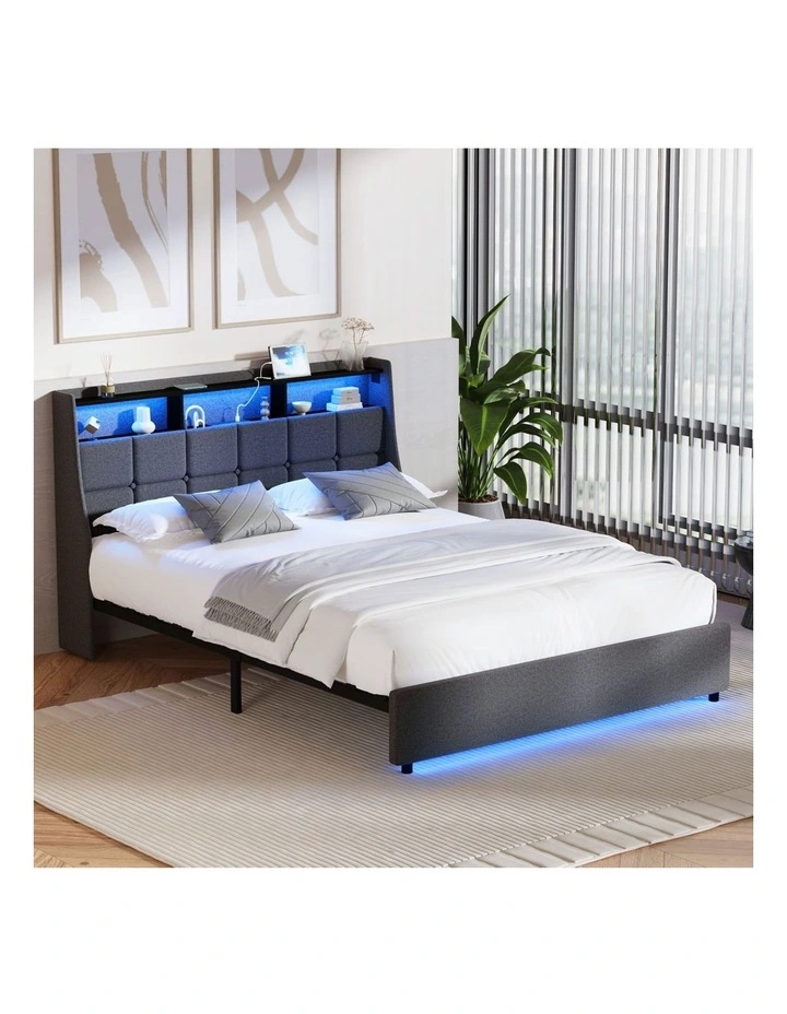 Oikiture Queen Size Bed Frame With LED Storage Headboard USB Charging image 4