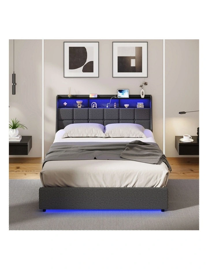 Oikiture Queen Size Bed Frame With LED Storage Headboard USB Charging image 5