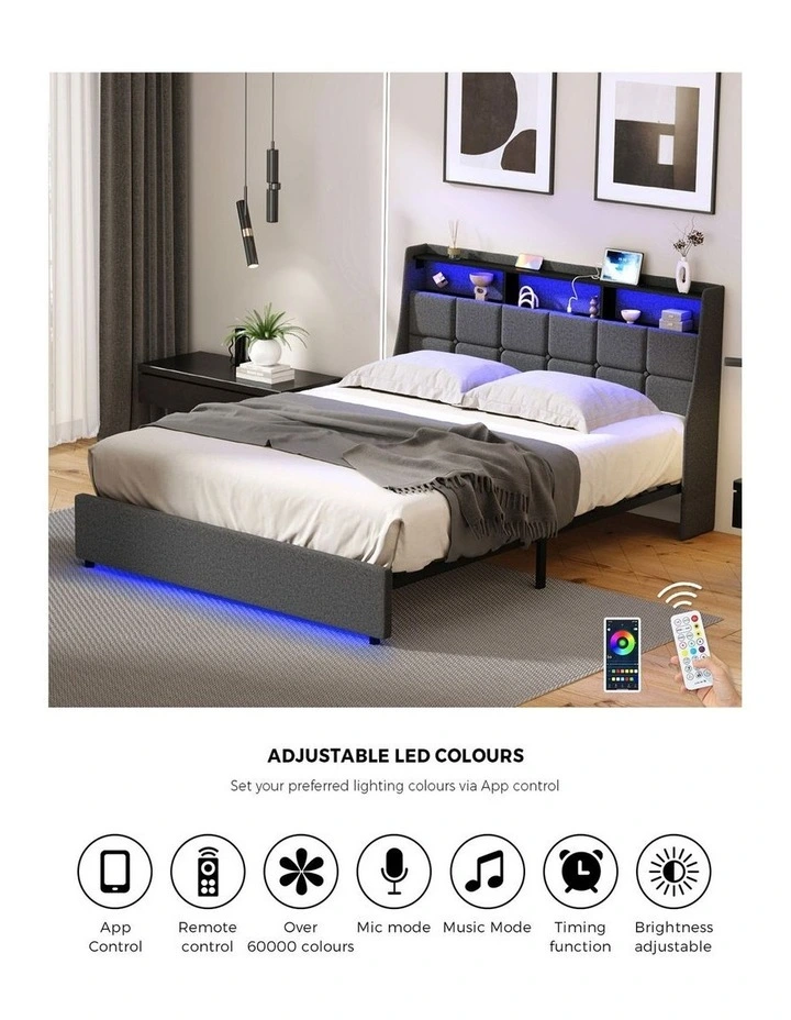 Oikiture Queen Size Bed Frame With LED Storage Headboard USB Charging image 6