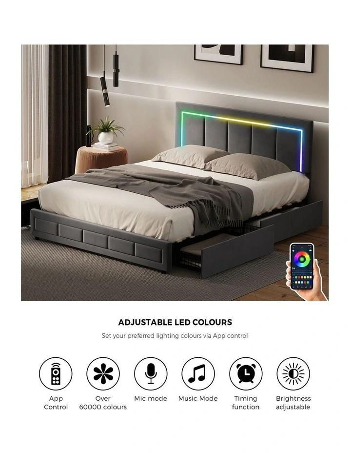 Oikiture LED Bed Frame Double Size with 4 Drawers Adjustable Headboard Velvet image 6