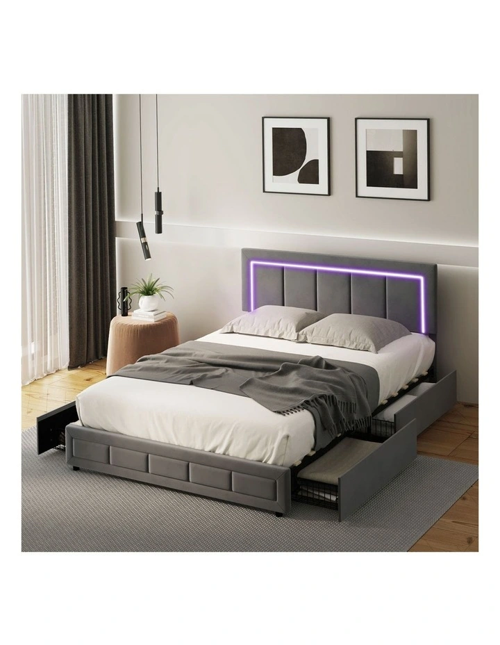 Oikiture LED Bed Frame Double Size with 4 Drawers Adjustable Headboard Velvet image 7