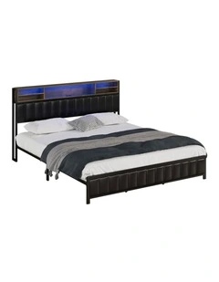 Oikiture Bed Frame King Size Beds Base with LED Storage Bedhead USB Charge