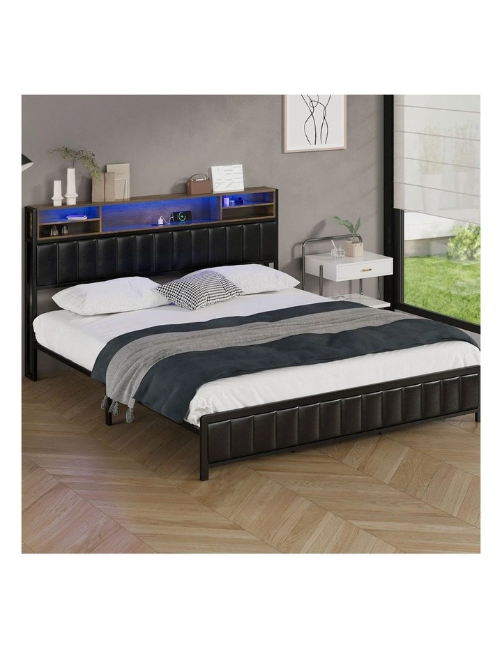 Oikiture Bed Frame King Size Beds Base with LED Storage Bedhead USB Charge image 4