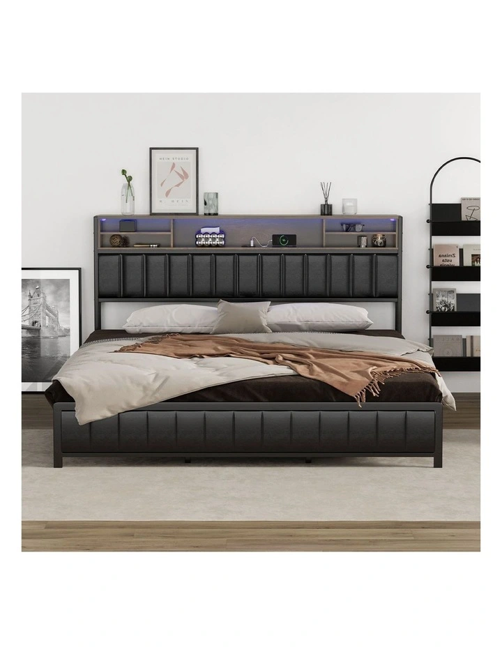 Oikiture Bed Frame King Size Beds Base with LED Storage Bedhead USB Charge image 5