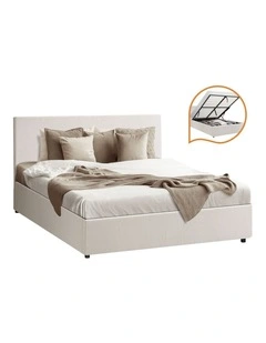 Oikiture Bed Frame Queen Size Gas Lift Base With Storage White Boucle