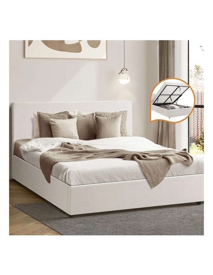 Oikiture Bed Frame Queen Size Gas Lift Base With Storage White Boucle image 4