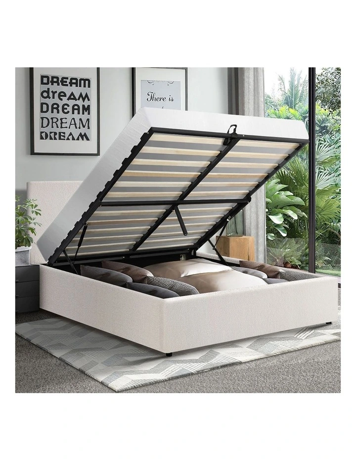 Oikiture Bed Frame Queen Size Gas Lift Base With Storage White Boucle image 5