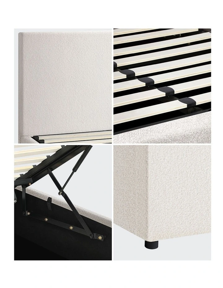 Oikiture Bed Frame Queen Size Gas Lift Base With Storage White Boucle image 7