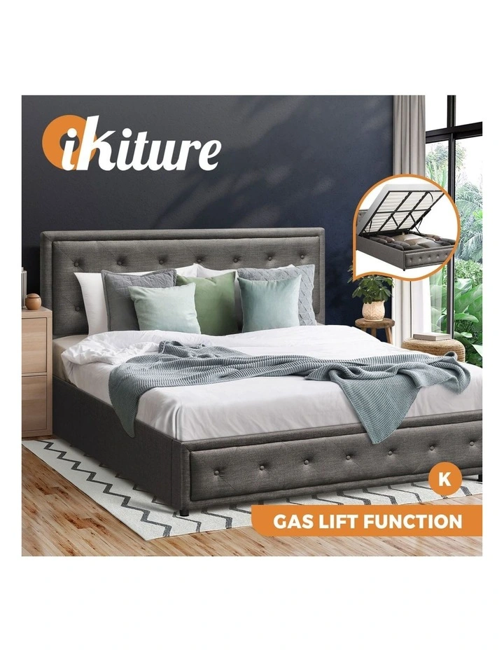 Oikiture Bed Frame King Size Gas Lift Base With Storage Grey Fabric image 4