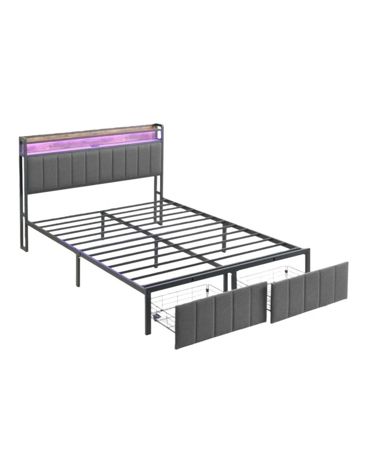 Bed Frame with 2 Storage Drawers and LED Lights Headboard, Upholstered Bed Frame with USB Socket image 1