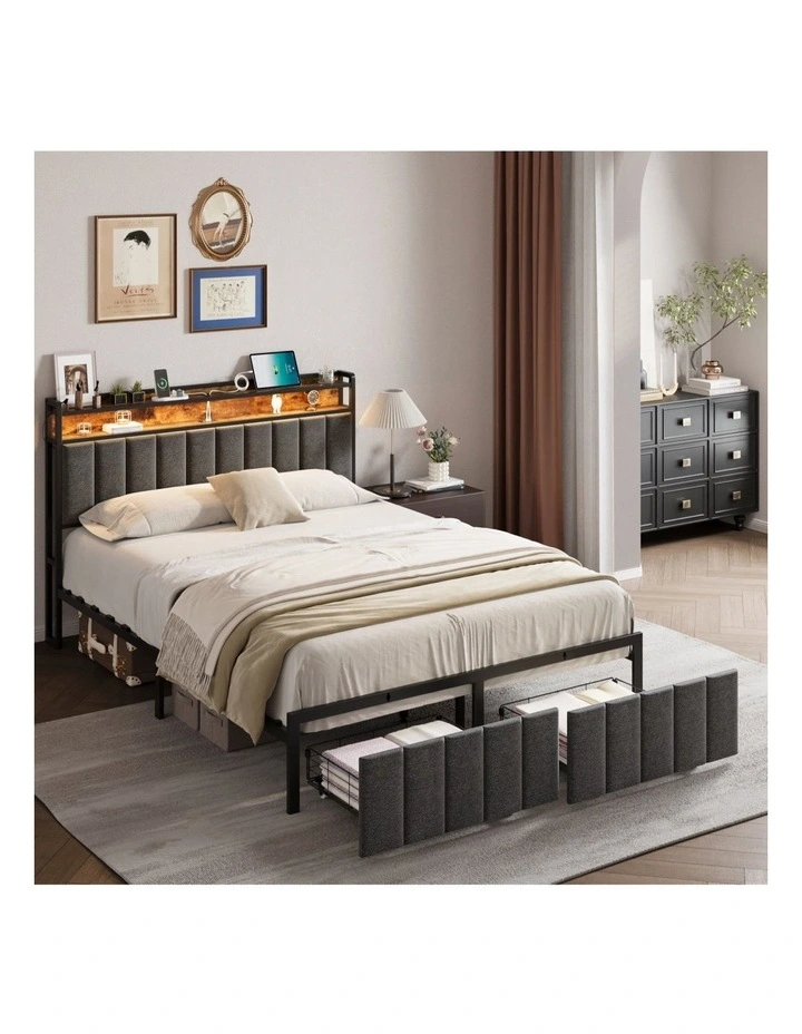 Bed Frame with 2 Storage Drawers and LED Lights Headboard, Upholstered Bed Frame with USB Socket image 2