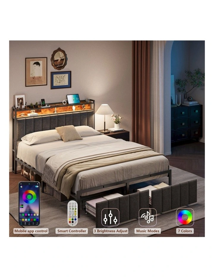 Bed Frame with 2 Storage Drawers and LED Lights Headboard, Upholstered Bed Frame with USB Socket image 3