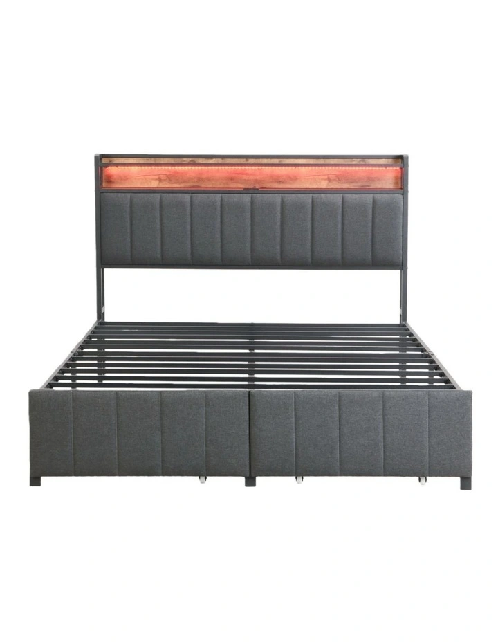 Bed Frame with 2 Storage Drawers and LED Lights Headboard, Upholstered Bed Frame with USB Socket image 4