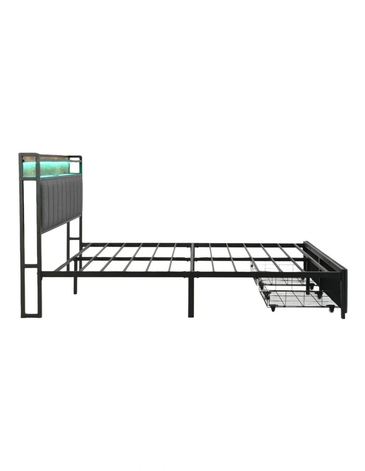 Bed Frame with 2 Storage Drawers and LED Lights Headboard, Upholstered Bed Frame with USB Socket image 5