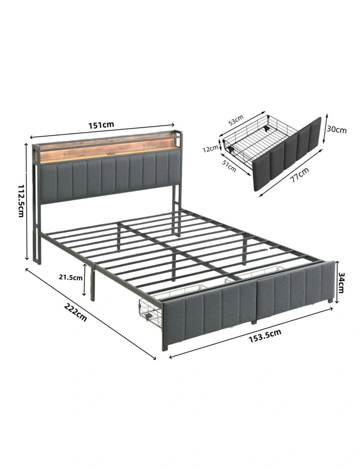 Bed Frame with 2 Storage Drawers and LED Lights Headboard, Upholstered Bed Frame with USB Socket image 7