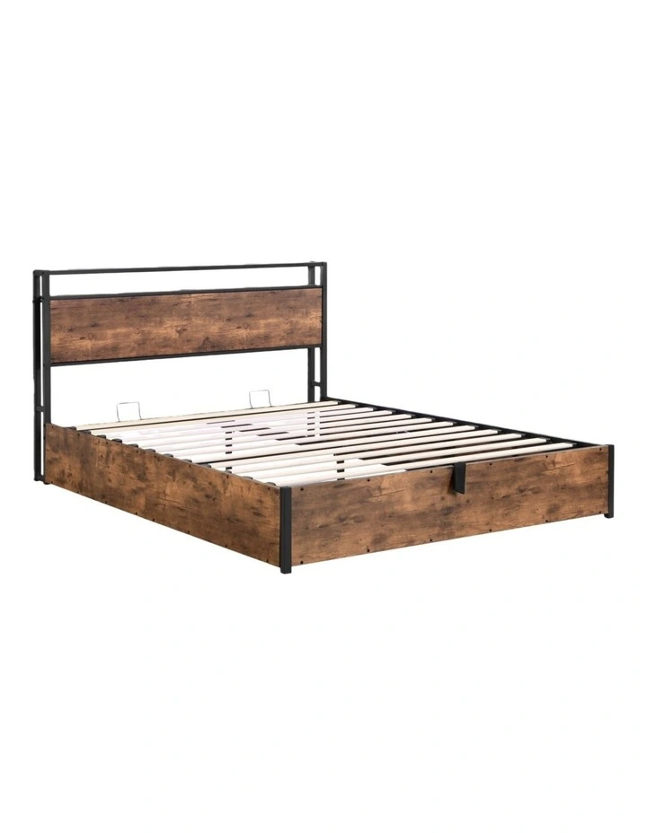 Gas Lift Storage Bed with LED & Charging Station, Rustic Brown image 1