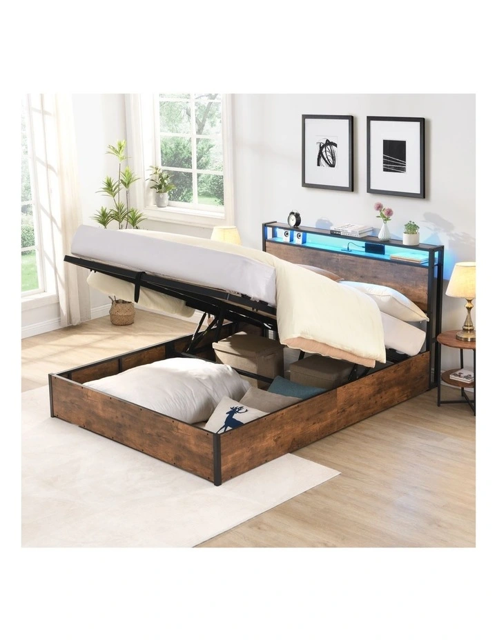 Gas Lift Storage Bed with LED & Charging Station, Rustic Brown image 2