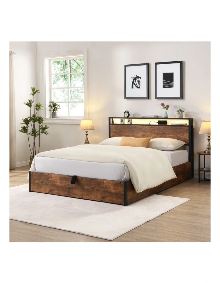 Gas Lift Storage Bed with LED & Charging Station, Rustic Brown image 3