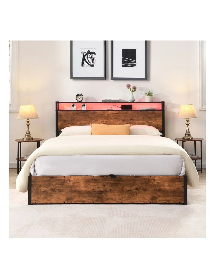 Gas Lift Storage Bed with LED & Charging Station, Rustic Brown image 4