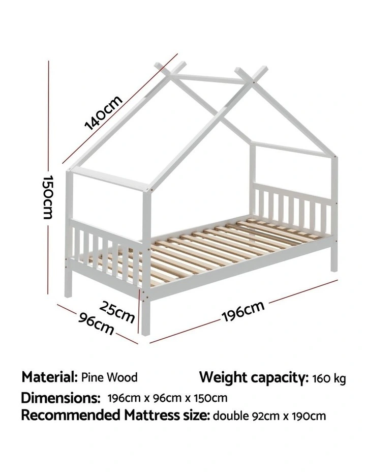 Artiss Bed Frame Wooden Base Kids Single Timber House Beds White image 3