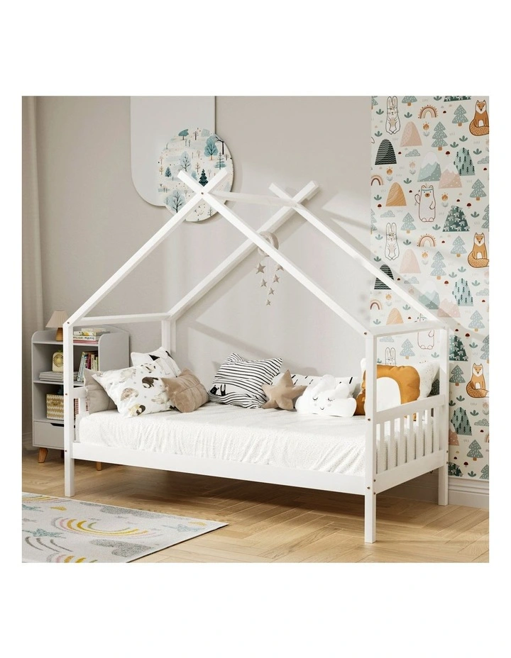Artiss Bed Frame Wooden Base Kids Single Timber House Beds White image 4