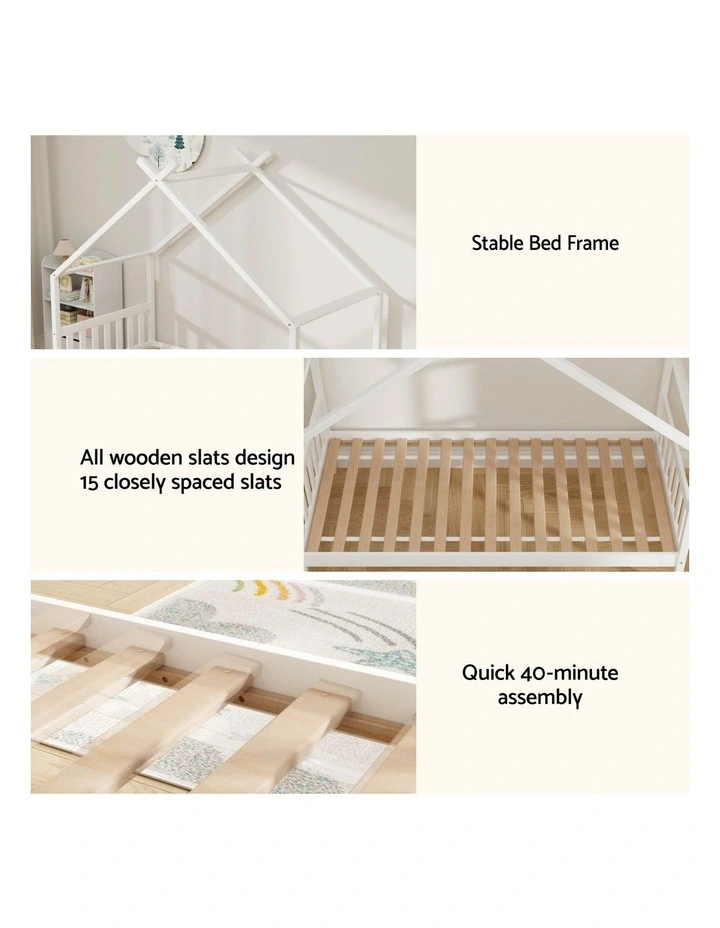Artiss Bed Frame Wooden Base Kids Single Timber House Beds White image 5