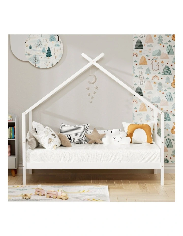 Artiss Bed Frame Wooden Base Kids Single Timber House Beds White image 7