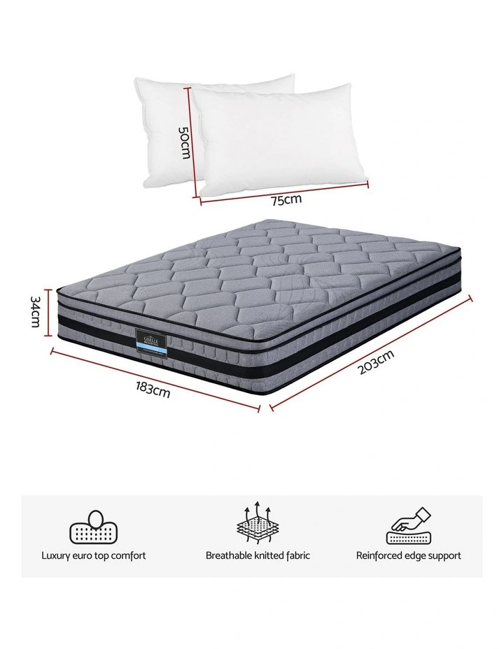 Giselle King 34cm Euro Top Pocket Spring Mattress with 2 Feather Down Pillows Set image 2