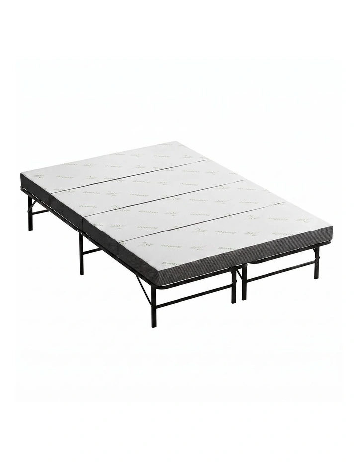 Giselle Queen Folding Bed with Mattress 4 Fold Metal Frame Guest Bed Bamboo Cover image 1
