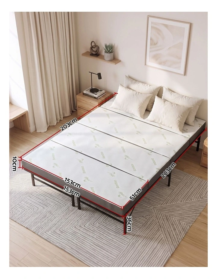 Giselle Queen Folding Bed with Mattress 4 Fold Metal Frame Guest Bed Bamboo Cover image 2