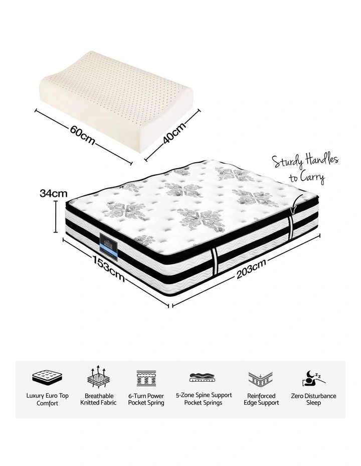 Giselle Queen 34cm 5-Zone Euro Top Pocket Spring Mattress with 2 Natural Latex Contour Pillows image 2