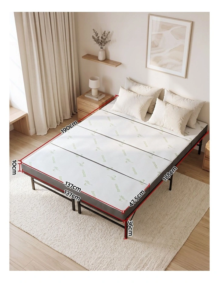 Giselle Double Folding Bed with Mattress 4 Fold Metal Frame Guest Bed Bamboo Cover image 2