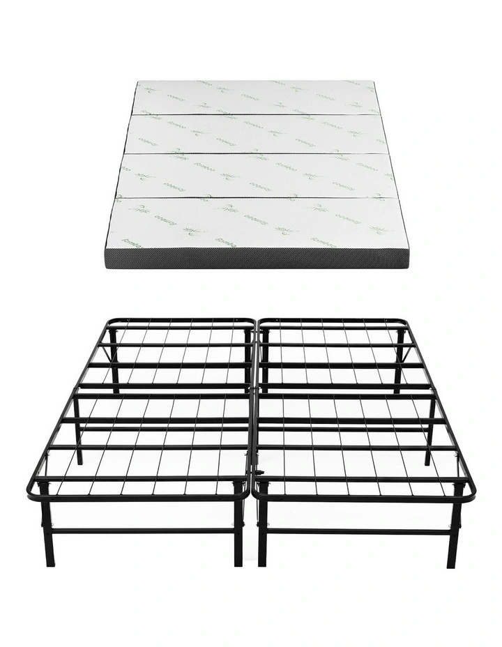 Giselle Double Folding Bed with Mattress 4 Fold Metal Frame Guest Bed Bamboo Cover image 3