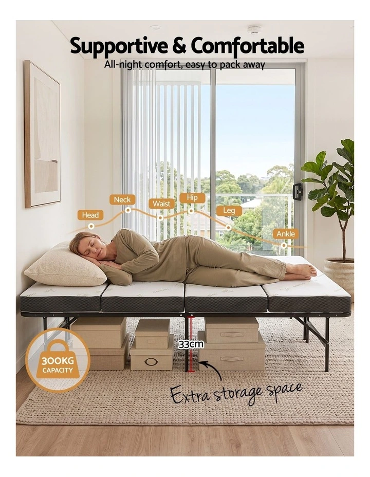 Giselle Double Folding Bed with Mattress 4 Fold Metal Frame Guest Bed Bamboo Cover image 4