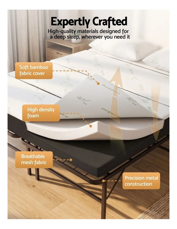 Giselle Double Folding Bed with Mattress 4 Fold Metal Frame Guest Bed Bamboo Cover image 5