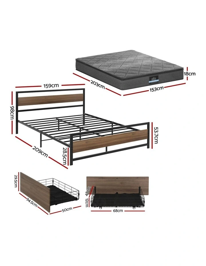 Giselle 18cm Queen Mattress Pillowtop and Artiss Metal Bed Frame Set With 2 drawers image 2
