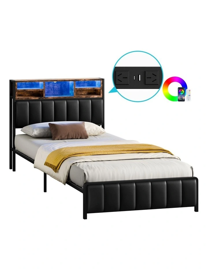 Bed Frame King Single LED Charging Station Leather Black image 1