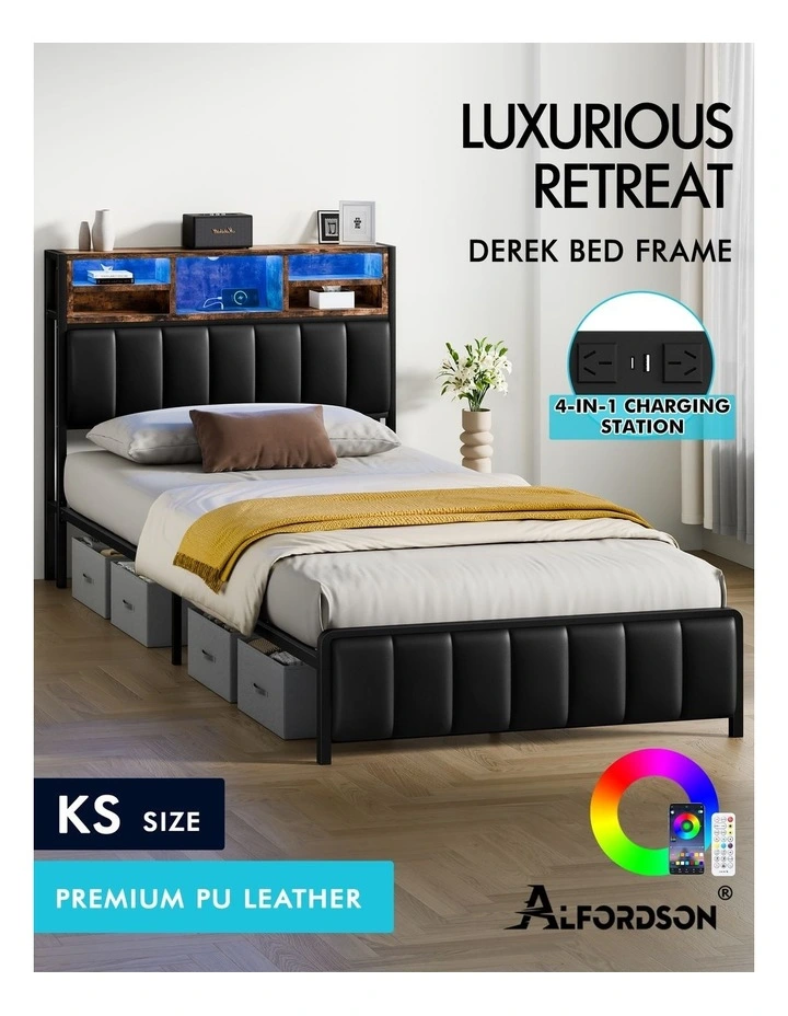 Bed Frame King Single LED Charging Station Leather Black image 2