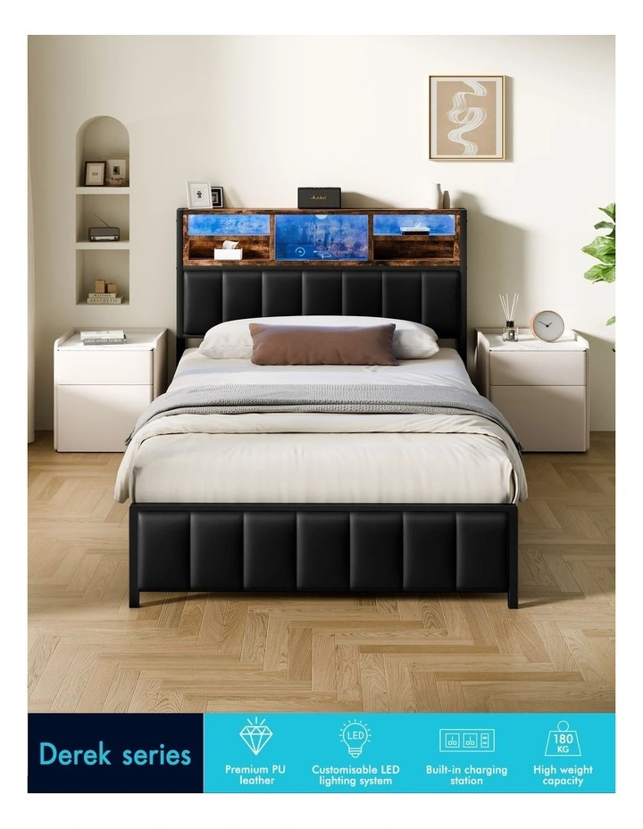 Bed Frame King Single LED Charging Station Leather Black image 4