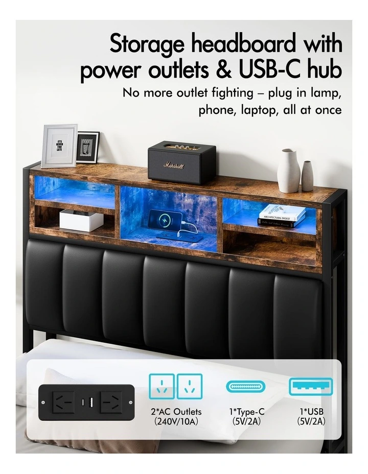 Bed Frame King Single LED Charging Station Leather Black image 5