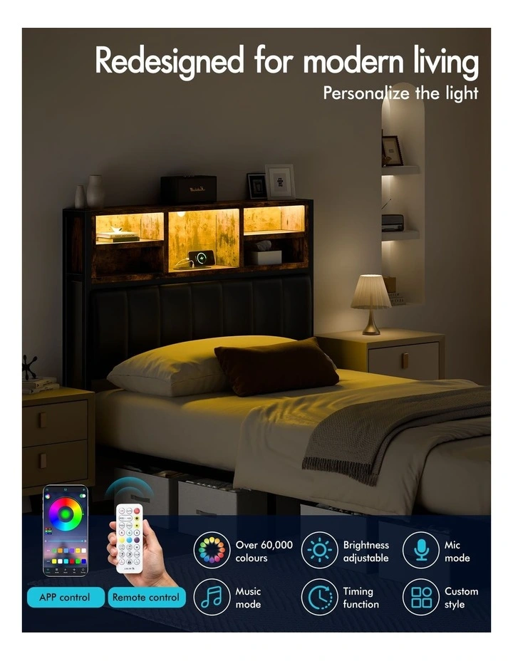 Bed Frame King Single LED Charging Station Leather Black image 6
