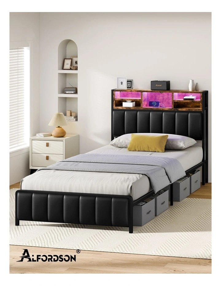 Bed Frame King Single LED Charging Station Leather Black image 7