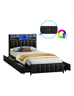 Bed Frame King Single LED Charging Station Drawers Storage Leather
