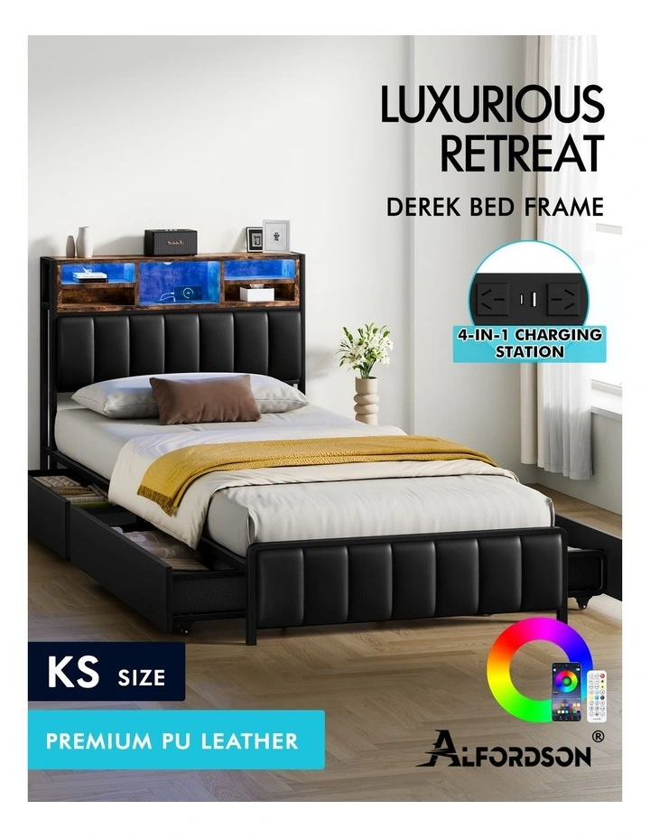 Bed Frame King Single LED Charging Station Drawers Storage Leather image 2