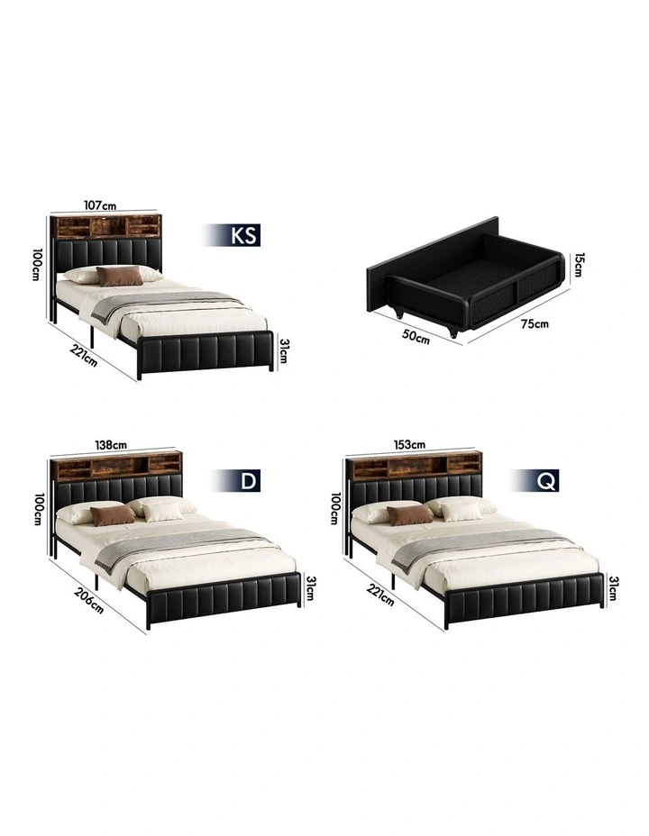 Bed Frame King Single LED Charging Station Drawers Storage Leather image 3