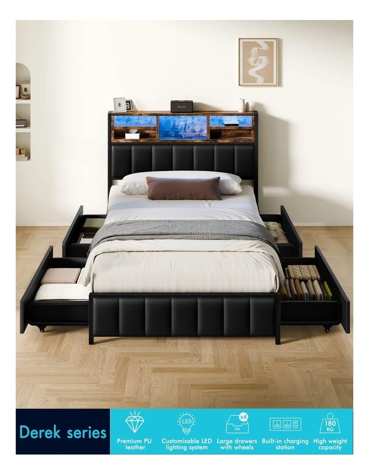 Bed Frame King Single LED Charging Station Drawers Storage Leather image 4