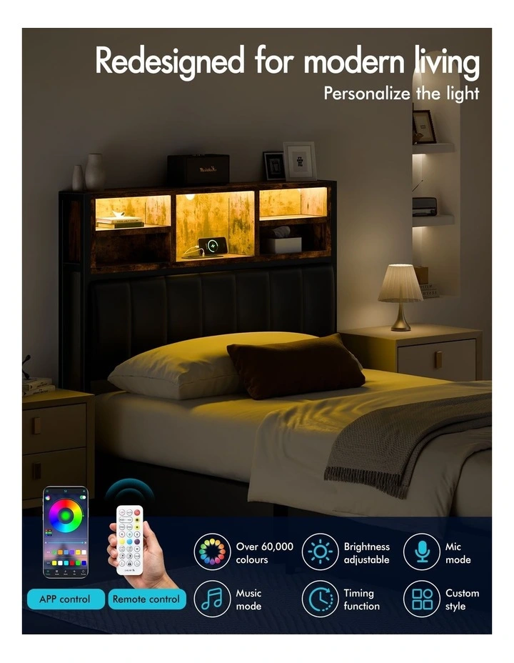Bed Frame King Single LED Charging Station Drawers Storage Leather image 6